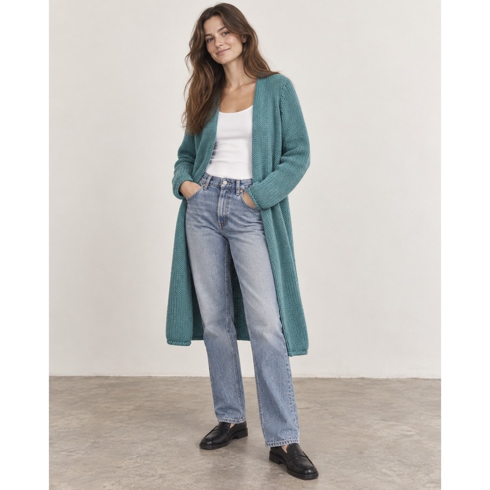 VTG Gap Longline Cardigan Duster M Teal Blue Cotton Chunky Coastal Grandma 90s